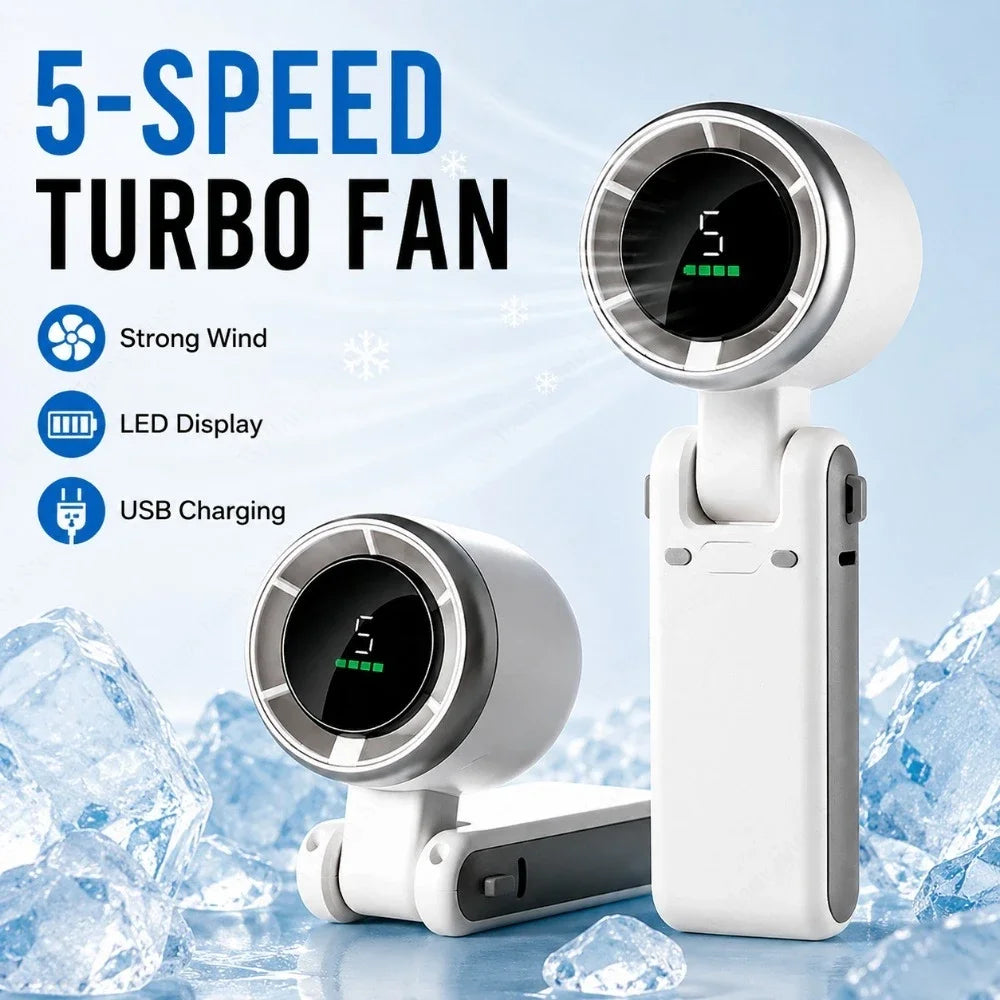 Mini Ventilador de Mano de Cinco Velocidades Ajustables Multifuncional, Recargable por USB Portátil para Viajes Hogar y Oficinas