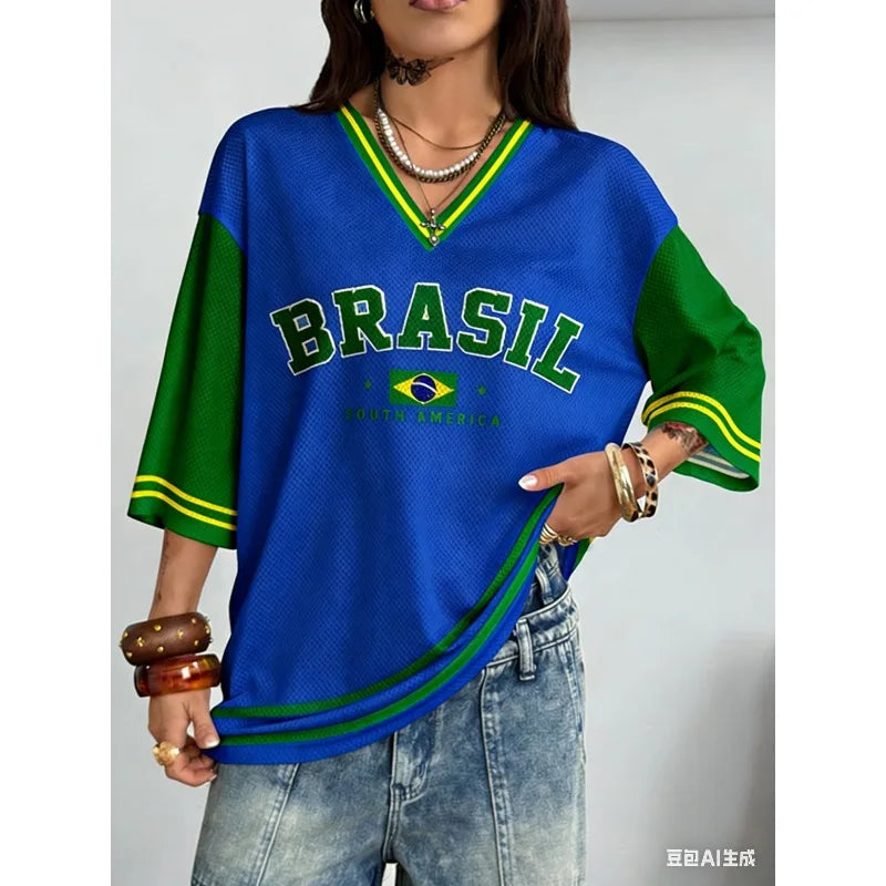 Summer for Women Brazil Letter Aesthetic V-neck Casual Short Sleeve Tee Kpop Streetwear Vintage Y2k Retro Baseball Chic Clothes