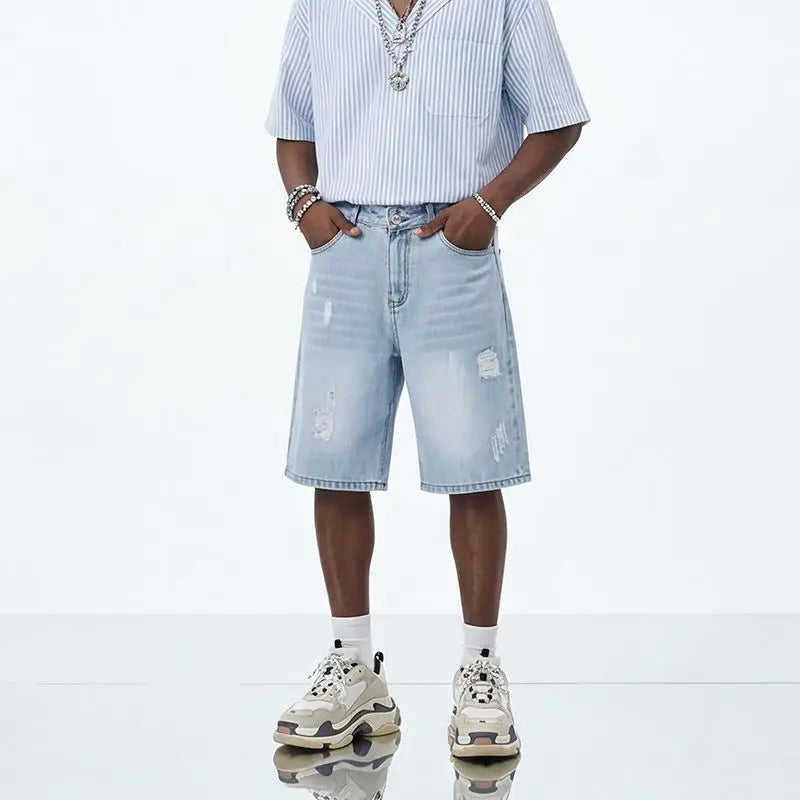 Men's and women's blue ripped jeans trendy American loose straight leg non stretch casual shorts suitable for summer street wear