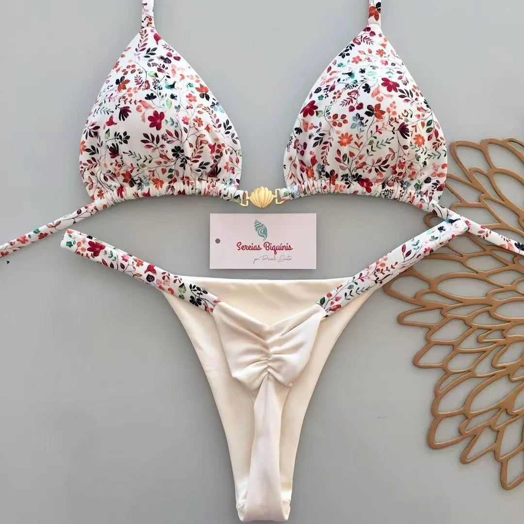2026 New Sexy Lace-up Print Brazilian Bikini Women Swimsuit Micro Swimwear Backless Biquini Swimsuits Beachwear Thong Купальник