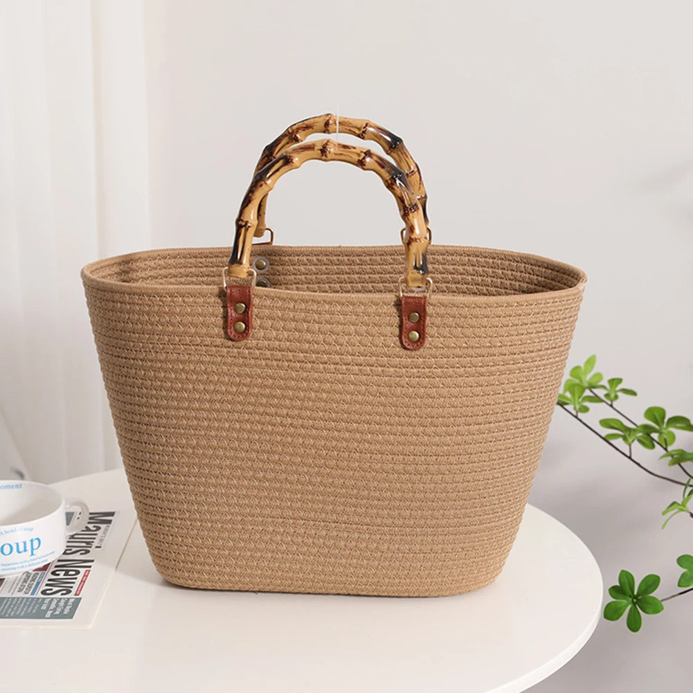 Beach Vacation Bags Bamboo Handle Women Weaving Bag Large Capacity Striped Portable Casual Fashion Exquisite for Seaside Party