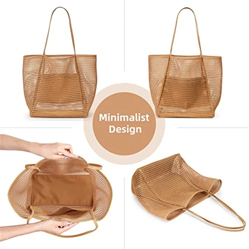 new model Women's Large Capacity Beach Tote Bag - Durable Polyester Woven Shoulder Bag with Open Top for Travel, Shopping