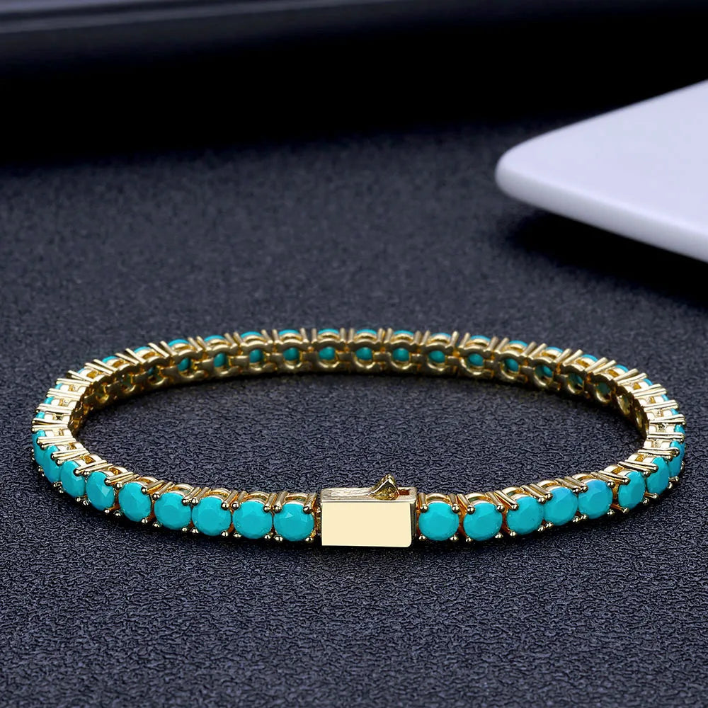 New 4MM Tennis Bracelet with Gold Plated Brass and High Grade Turquoise, Suitable for Both Men and Women as a Holiday Gift