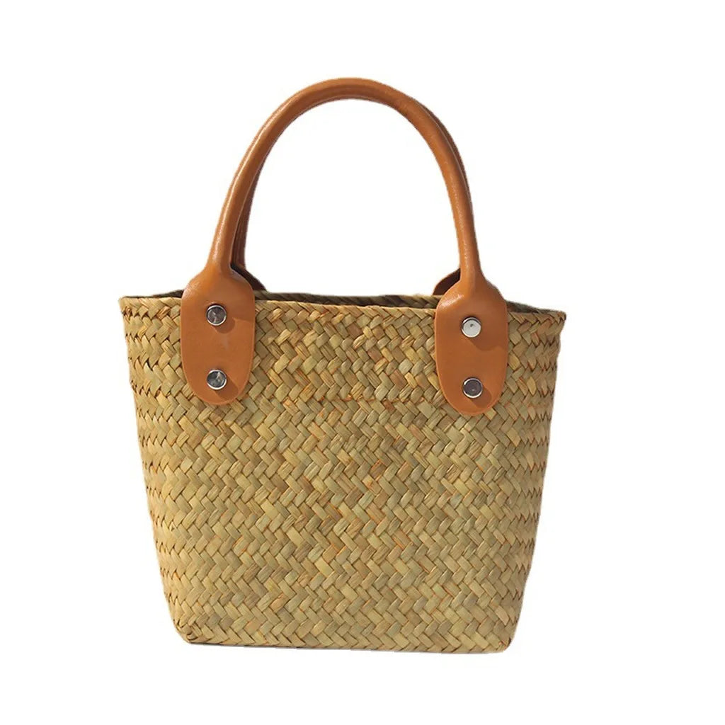 Beach Vacation Bag Stylish Top Handle Bag Woven Straw Handbag Hand-Woven Straw Tote Bag For Daily Outing Short Trip Beach