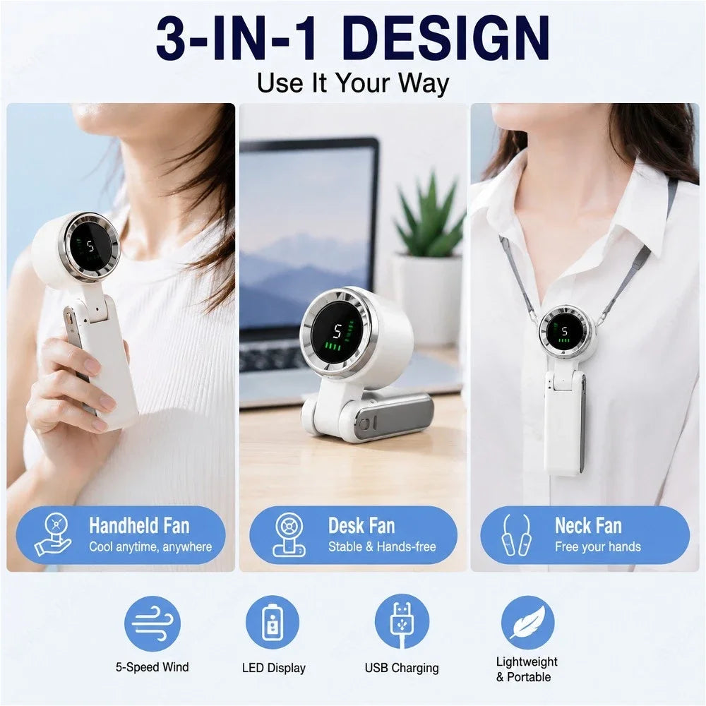 Mini Ventilador de Mano de Cinco Velocidades Ajustables Multifuncional, Recargable por USB Portátil para Viajes Hogar y Oficinas