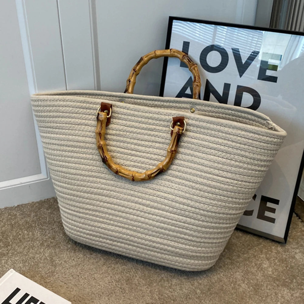 Beach Vacation Bags Bamboo Handle Women Weaving Bag Large Capacity Striped Portable Casual Fashion Exquisite for Seaside Party