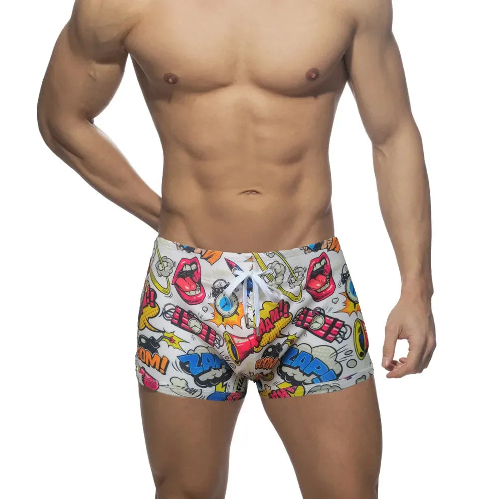 Swimwear Men Swimsuits Pop Swim Trunks Quick Dry Bathing Suit Beach Board Shorts Sexy Swimming Boxer Brief with Drawstring